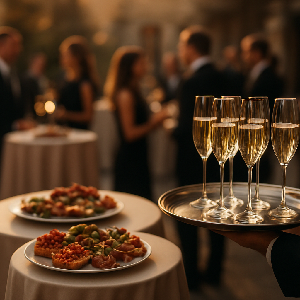Eleganter Sektempfang mit Champagnerflöten auf einem Tablett