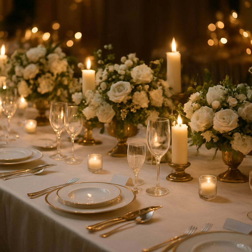 Elegante Hochzeitstafel mit Kerzenlicht und Blumenschmuck