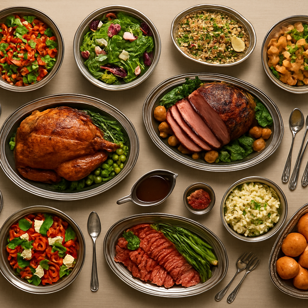 Reichhaltiges Catering-Buffet von oben — Braten, Salate und Beilagen auf Silberplatten