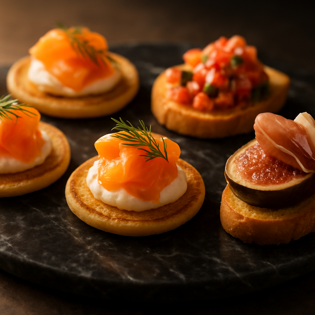 Handgefertigte Canapés auf dunkler Marmorplatte — Lachs, Bruschetta, Prosciutto mit Feige