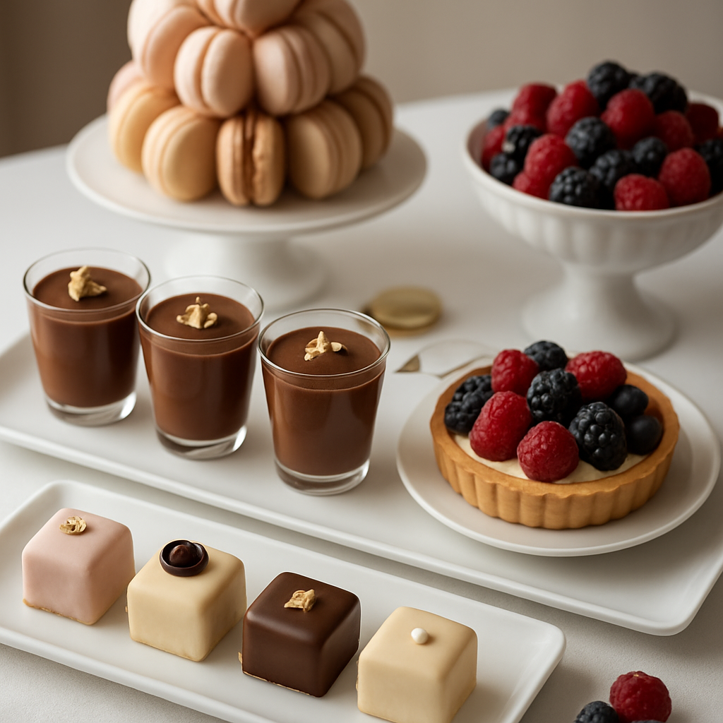 Feine Dessertauswahl — Mousse au Chocolat, Tartelettes, Macarons und frische Beeren