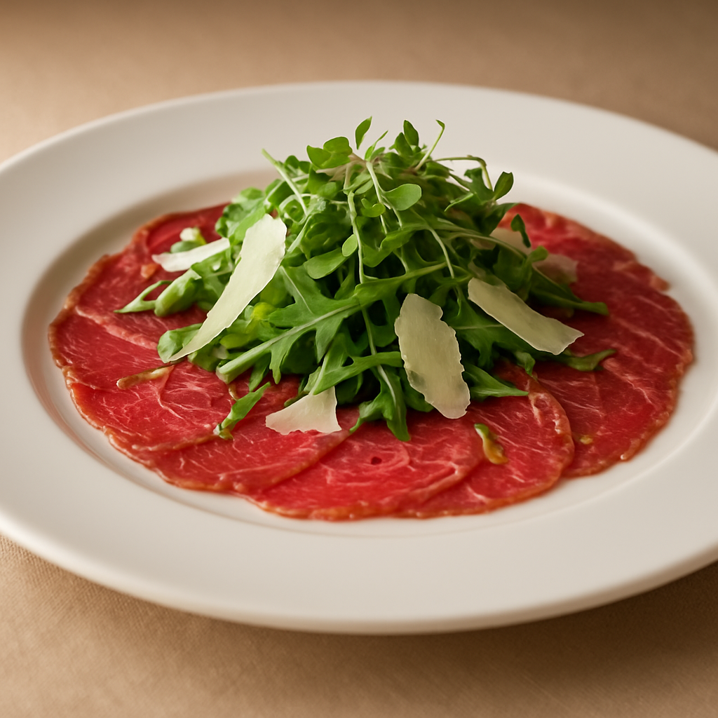 Elegant angerichteter Carpaccio-Teller mit Rucola, Parmesan und Kräutern